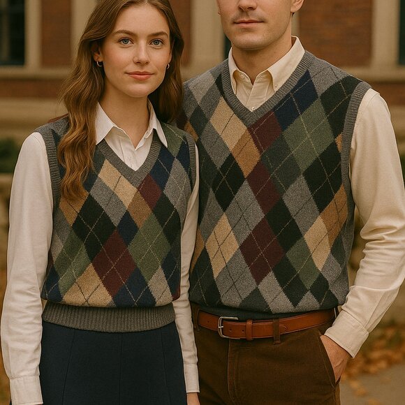 T. Harris London Unisex Argyle Yak Sweater Vest Size L 100% Yak NWT - Picture 1 of 9